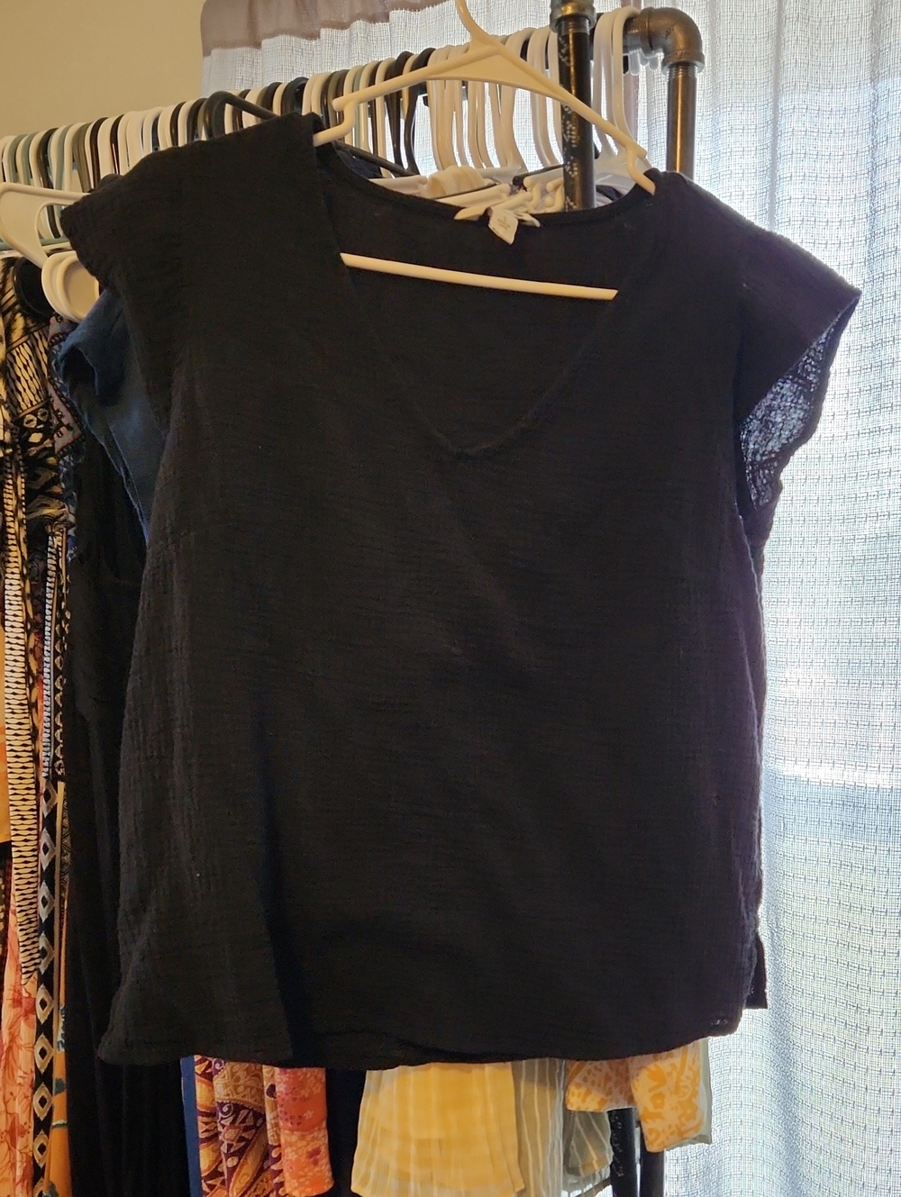 Black V-Neck Cap-Sleeve Women's Gauze Top